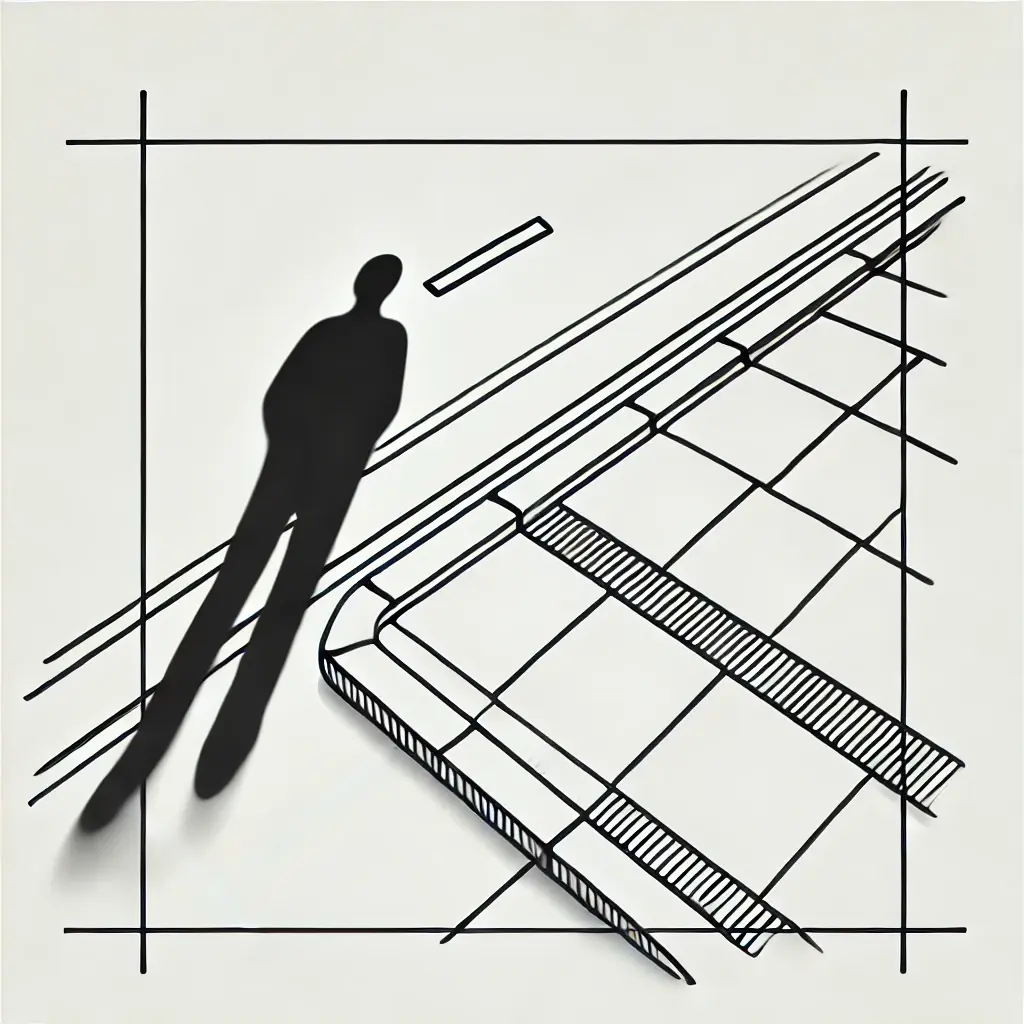 Minimalistic line drawing of a person's shadow cast on a street corner. The composition features clean, simple lines outlining a sidewalk and a street edge, with the shadow elongated diagonally as if illuminated by a light source. The design is artistic and minimalist, with no additional text or decorations.