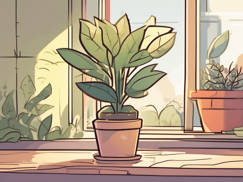 an image of a potted plant on a window sill soaking up the sunlight