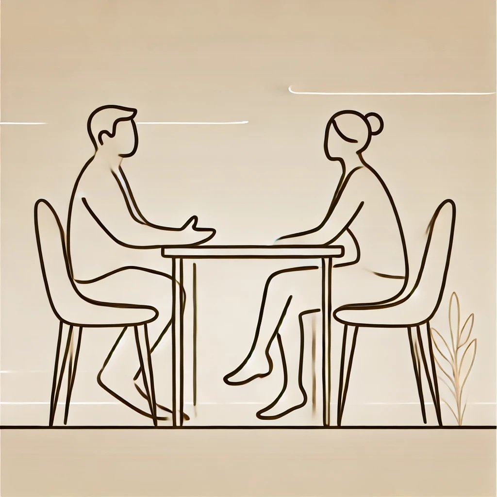 two people sitting facing each other on opposite sides of a table. they are in conversation