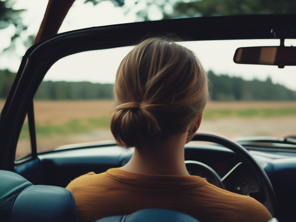 a rear view of a woman sitting in the drivers' seat 